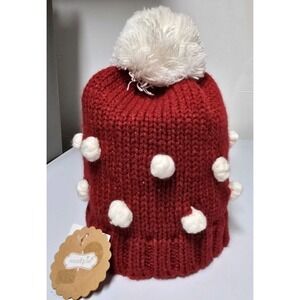 New w/ Tag Mud Pie Toddlers Red and White Popcorn Knit Hat With Pompom SZ 2T-5T